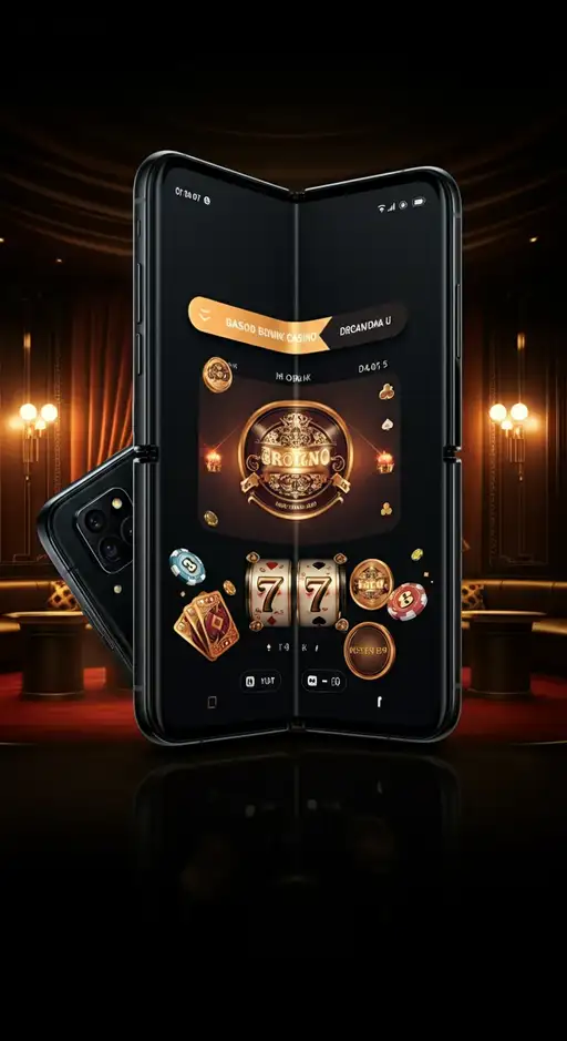 Mobiele interface van Casino Golden Panda met een open PWA op een smartphone, waarop een slotgame en het hoofdmenu te zien zijn, met een achtergrond van gouden pandamotieven.
